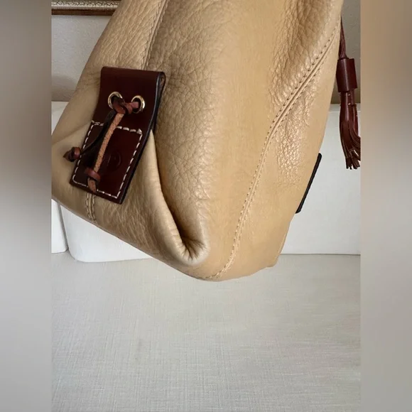 Vintage Dooney & Bourke Tan and Brown Leather Drawstring Bucket Bag